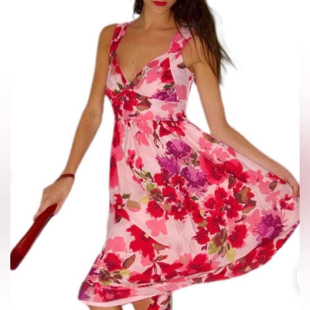 H&M Own Floral 50’s Inspired Summer Dress W/pleated V-neck&Full Skirt size 8